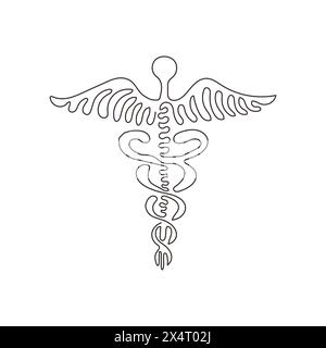 Singola linea disegnando Caduceus - centro medico, farmacia, ospedale con simbolo popolare della medicina. Logo medico. Arriccia i capelli. Continuo moderno Illustrazione Vettoriale