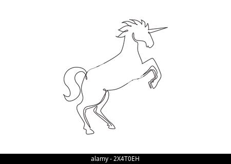 Una linea continua che disegna l'unicorno solleva due gambe anteriori. Black jumping, un animale immaginario. Magico unicorno che corre al vento. Fantasia d'infanzia. Peccato Illustrazione Vettoriale