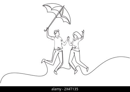 Una linea continua che disegna una coppia innamorata che cammina sotto la pioggia con ombrello. Uomo e donna camminano lungo la strada della città e saltano. Coppia sposata roman Illustrazione Vettoriale