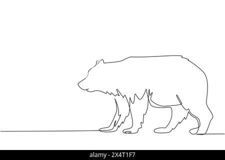 Una linea continua che attira un orso gigante che cammina in avanti nella giungla. Forte mascotte selvatica di mammiferi grizzly bruno. Pericoloso grande bestia animale. Singolo Illustrazione Vettoriale