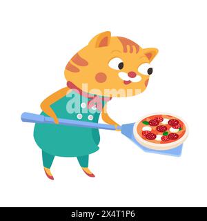 Simpatico gatto pizzaiolo con pizza sulla pala. Personaggio cartoni animati divertente per il design. Cibo e professioni. Illustrazione vettoriale. Illustrazione Vettoriale