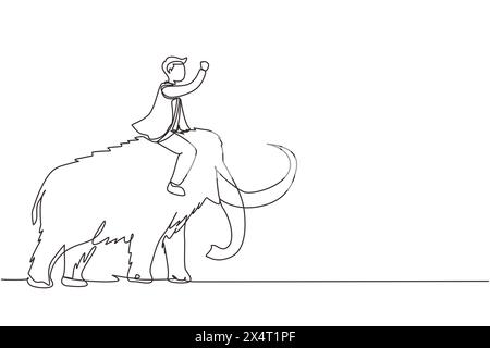 Un uomo d'affari con una sola linea continua, che cavalca un enorme e pericoloso mammut. Imprenditore professionista personaggio maschile lotta con predatore. Bus riuscito Illustrazione Vettoriale