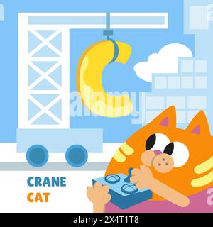 Lettera C. alfabeto, carta con simpatici personaggi in stile cartoni animati. Gatto e gru. ABC. Istruzione per bambini. Attività in età prescolare. Illustrazione vettoriale. Illustrazione Vettoriale