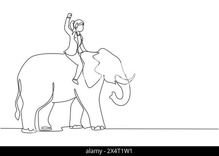 Una linea continua che disegna una donna d'affari in sella a un elefante simbolo di successo. Concetto di metafora aziendale, guardando a obiettivo, risultato, leadership. Cantate Illustrazione Vettoriale