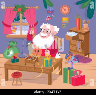 Il carino Babbo Natale fa regali per i bambini. Laboratorio di Babbo Natale con mobili, oggetti, regali, lettere. Vacanze natalizie invernali. Cartone animato vettoriale Illustrazione Vettoriale