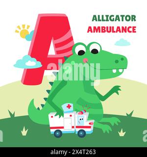 Lettera A. alfabeto, carta con carini personaggi in stile cartoni animati. Alligatore e ambulanza. ABC. Istruzione per bambini. Attività in età prescolare. Vettore Illustrazione Vettoriale