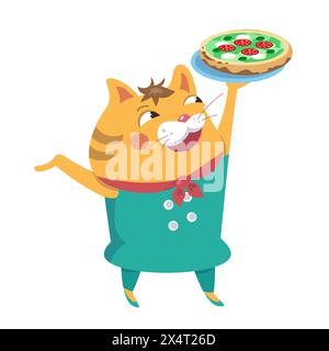 Simpatico gatto del pizzaiolo con pizza sul piatto. Personaggio cartoni animati divertente per il design. Cibo e professioni. Illustrazione vettoriale. Illustrazione Vettoriale
