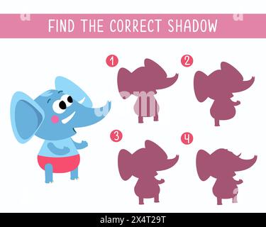 Trova l'ombra giusta. Puzzle Game per bambini. Simpatici personaggi in stile cartoni animati. Elefante. Illustrazione vettoriale. Illustrazione Vettoriale