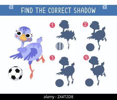 Trova l'ombra giusta. Puzzle per bambini. Uno struzzo carino che gioca a football. Illustrazione di un cartone animato vettoriale. Personaggio divertente. Illustrazione Vettoriale