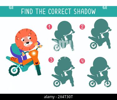 Trova l'ombra giusta. Puzzle Game per bambini. Simpatico leone in moto su sfondo bianco. Trasporto e animali. Illustrazione vettoriale. Illustrazione Vettoriale