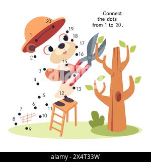 Da punto a punto. Collegare i punti da 1 a 20. Puzzle per bambini. Carini castori e alberi. Illustrazione vettoriale e animali. Illustrazione Vettoriale