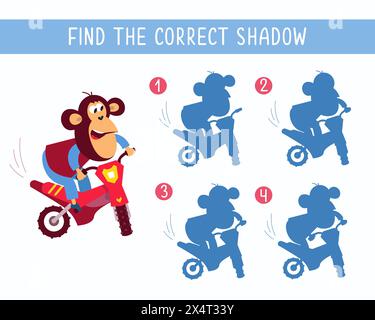 Trova l'ombra giusta. Puzzle Game per bambini. Simpatica scimmia in moto su sfondo bianco. Trasporto e animali. Illustrazione vettoriale. Illustrazione Vettoriale