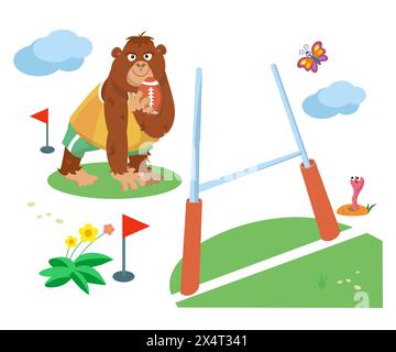 Carino gorilla che gioca a rugby. Pallone e goal sportivi. Illustrazione isolata del cartone animato vettoriale su sfondo bianco. Divertente scimmia animaletto in tuta per il design Illustrazione Vettoriale