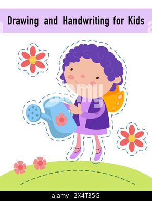 Disegno e calligrafia per bambini. Foglio di lavoro del gioco dell'attività educativa per bambini. Personaggi divertenti dei cartoni animati. Illustrazione vettoriale. Illustrazione Vettoriale