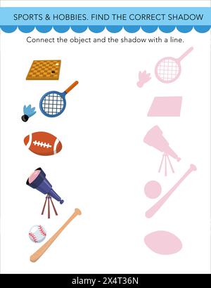 Trova l'ombra giusta. Puzzle per bambini. Oggetti in stile cartoni animati. Elementi su sfondo bianco. Attività in età prescolare. Illustrazioni vettoriali. Illustrazione Vettoriale