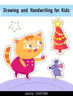 Disegno e calligrafia per bambini. Foglio di lavoro del gioco dell'attività educativa per bambini. Personaggi divertenti dei cartoni animati. Illustrazione vettoriale. Illustrazione Vettoriale