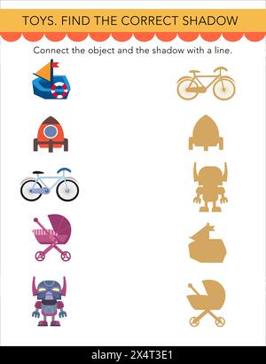 Trovare l'ombra corretta. Puzzle Game per bambini. Graziosi oggetti in stile cartoni animati. Giocattoli su sfondo bianco. Attività in età prescolare. Illustrazioni vettoriali. Illustrazione Vettoriale