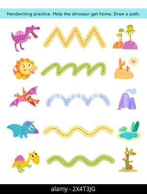 Pratica di scrittura a mano. Simpatici dinosauri e casa. Puzzle per bambini in età prescolare. Attività per bambini. Illustrazione vettoriale cartoni animati. Illustrazione Vettoriale