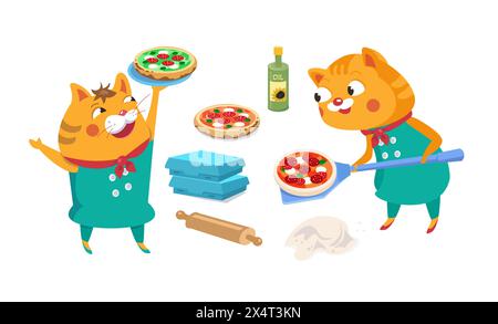 Carino e divertente set di gatti pizzaiolo con pizza. Illustrazione vettoriale, personaggi animati. Icone isolate per la progettazione. Illustrazione Vettoriale