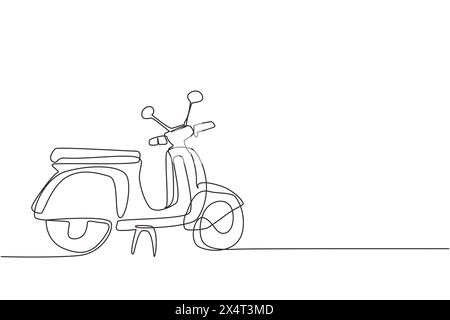 Scooter con disegno a linea continua singola. Trasporto rétro. Icona vespa nera. Scooter moderni per i cittadini urbani. Elegante scooter vintage per t Illustrazione Vettoriale