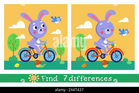 Bella lepre stilizzata cavalca in bicicletta. Trova 7 differenze. Puzzle game educativo per bambini. Cartoni animati animali divertenti, piante. Illustrazione vettoriale. Illustrazione Vettoriale