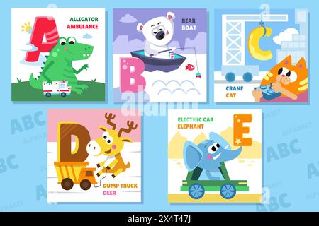 Set di lettere. Alfabeto, carte con simpatici personaggi in stile cartoni animati. Animali e auto. ABC. Istruzione per bambini. Attività in età prescolare. Vettore Illustrazione Vettoriale