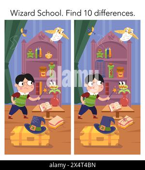 Trova 10 differenze. Puzzle game educativo per bambini. Una ragazza carina strega con bacchetta magica nella scuola mago. Interni con oggetti, ragni e. Illustrazione Vettoriale