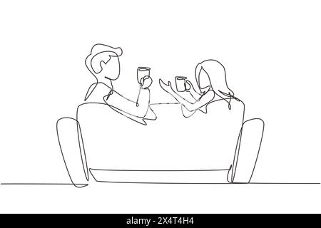 Una fila singola con vista sul retro, una romantica coppia seduta sul divano, chiacchierando e bevendo un caffè. Uomo e donna hanno un giorno di riposo rilassante. Resta a casa. Mod Illustrazione Vettoriale