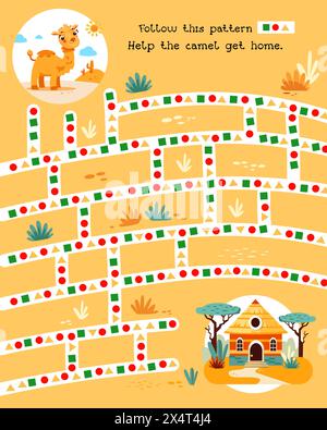 Attività e istruzione. Labirinto di puzzle per bambini. Aiuta il cammello a tornare a casa. Carattere stilizzato piatto. Illustrazione vettoriale. Illustrazione Vettoriale