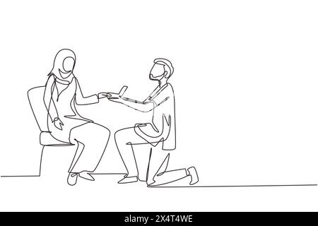 Continua una linea disegnando uomo arabo fa proposta di matrimonio donna e dà anello. Coppia felice che si prepara per il matrimonio. Sposa e sposo festeggiano Illustrazione Vettoriale