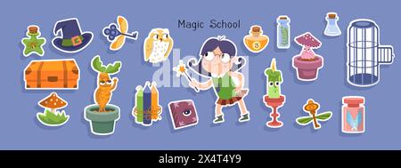 Adorabile strega con bacchetta magica, oggetti su sfondo blu. Halloween e la scuola mago. Adesivi cartoon per il design. Illustrazione vettoriale Illustrazione Vettoriale