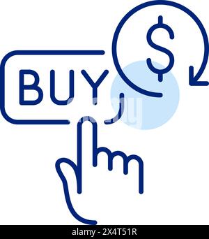 Fai clic con il dito sul pulsante Acquista con il dollaro e rinnova. Ritorno o premio per gli acquisti. Pixel Perfect, traccia modificabile Illustrazione Vettoriale