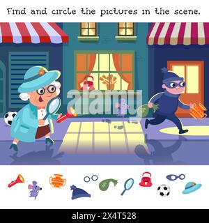 Individuare gli oggetti nascosti nell'immagine. Rompicapo educativo per bambini. Simpatica e divertente nonna cartoni animati con lente d'ingrandimento. Colore vettoriale Illustrazione Vettoriale