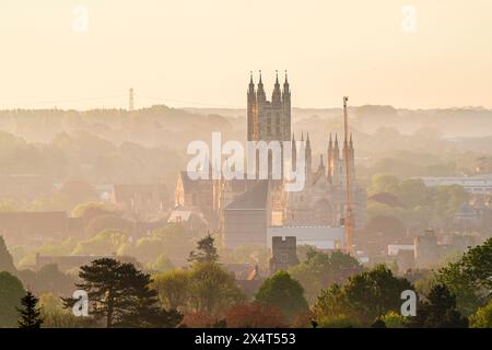 Teleobiettivo della cattedrale di Canterbury illuminata dall'alba (invisibile) nelle prime ore del mattino, in una mattina primaverile. Cattedrale circondata da bassi edifici. Foto Stock