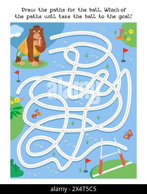 Gioco labirinto, attività per bambini. Disegna percorsi per la palla. Quale strada ci vorrà per raggiungere l'obiettivo? Illustrazione vettoriale. Carino gorilla che gioca a rugby Illustrazione Vettoriale