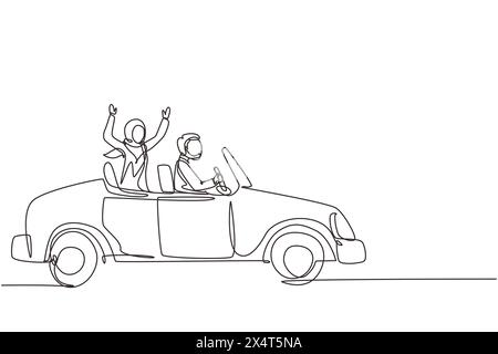 Linea continua che disegna uno sposo arabo appena sposato nel veicolo. Uomo e donna felici in auto da sposa. Coppia sposata con relazioni romantiche Illustrazione Vettoriale