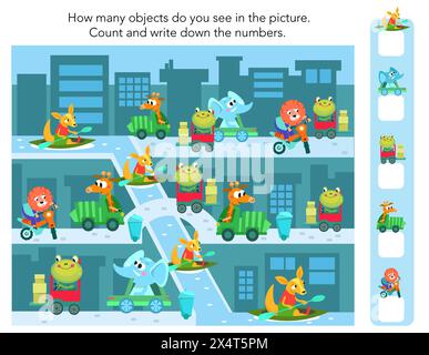 Quanti oggetti nell'immagine. Puzzle per bambini. Contare e scrivere numeri. Animali in città. Personaggi dei cartoni animati. Buffo leone, elefante, giraffa Illustrazione Vettoriale