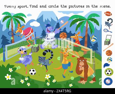 Trova e cerchia gli oggetti. Puzzle game educativo per bambini. Animali carini che fanno sport. Scena di cartoni animati vettoriali. Animali divertenti in tute sportive. Illustrazione Vettoriale