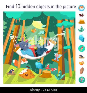 Trova 10 oggetti nascosti nell'immagine. Gioco educativo per bambini. Cartoni animati cinghiali su amaca nella foresta. Simpatici personaggi animali in stile piatto. Vettore Illustrazione Vettoriale