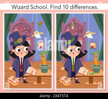 Trova 10 differenze. Puzzle game educativo per bambini. Una ragazza carina strega con bacchetta magica nella scuola mago. Interni con oggetti, ragni e. Illustrazione Vettoriale