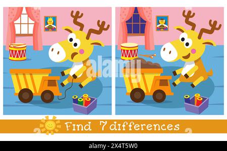 Trova 7 differenze. Puzzle game educativo per bambini. Cervi cartoni animati e camion ribaltabile. Simpatici personaggi animali in stile piatto. Illustrazione piatta vettoriale Illustrazione Vettoriale