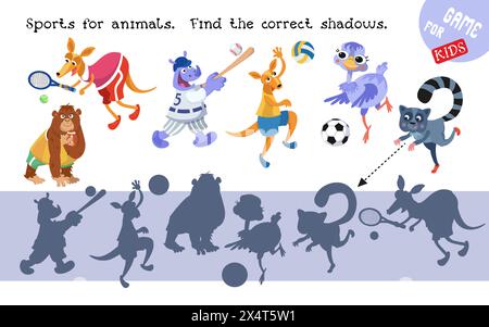 Trovare l'ombra corretta. Puzzle game educativo per bambini. Crea simpatici animali che praticano sport. Illustrazioni isolate di cartoni animati vettoriali su sfondo bianco Illustrazione Vettoriale