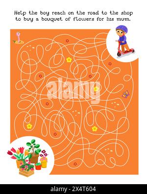 Gioco labirinto, attività per bambini. Illustrazione vettoriale. Puzzle per bambini. Carino ragazzo dei cartoni animati sullo scooter. Aiuta il personaggio a trovare la strada. Illustrazione Vettoriale