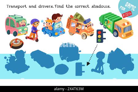 Auto e conducenti carini in città. Trova ombre. Rompicapo educativo per bambini. Personaggi divertenti dei cartoni animati. Persone e trasporti, ingorgo del traffico in città Illustrazione Vettoriale