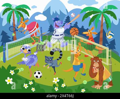 Animali carini che fanno sport. Palle, racchette, reti. Giochi sportivi nel parco giochi. Scena di cartoni animati vettoriali. Animali divertenti in tute sportive. Illustrazione Vettoriale