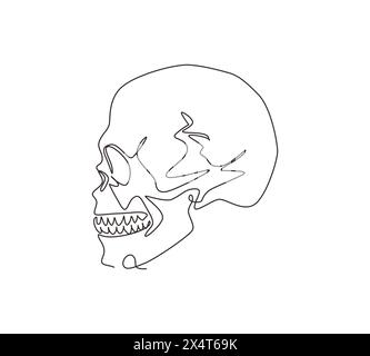 Una linea continua che traccia un'illustrazione in bianco e nero del cranio. Osso della testa umana. Design del tatuaggio disegnato a mano con scheletro. Tracciare i crani anatomici in Illustrazione Vettoriale
