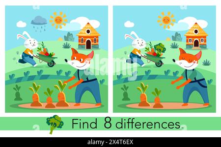 Trova 8 differenze. Puzzle game educativo per bambini. Carino carino cartoni animati piatti con volpe e coniglio con verdure in carriola. Fattoria e giardino, piante Illustrazione Vettoriale