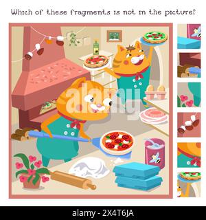 Trova i frammenti nascosti. Gioco educativo per bambini. Puzzle in stile cartoni animati. Simpatico gatto del pizzaiolo con pizza. Illustrazione vettoriale per bambini. Illustrazione Vettoriale
