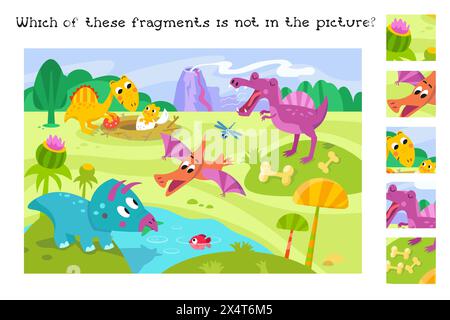 Trova frammenti nell'immagine. Rompicapo educativo per bambini. Dinosauri semplici e carini nel Jurassic Park. Illustrazione del colore vettoriale. Scena dei cartoni animati Illustrazione Vettoriale