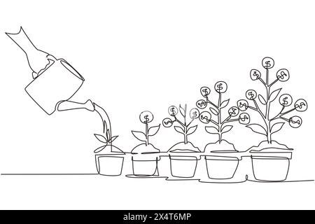 Una linea continua che disegna a mano con una pianta di acqua in vaso. Step of Coins pile, risparmio di denaro e concetto di investimento o pianificazione familiare. S Illustrazione Vettoriale